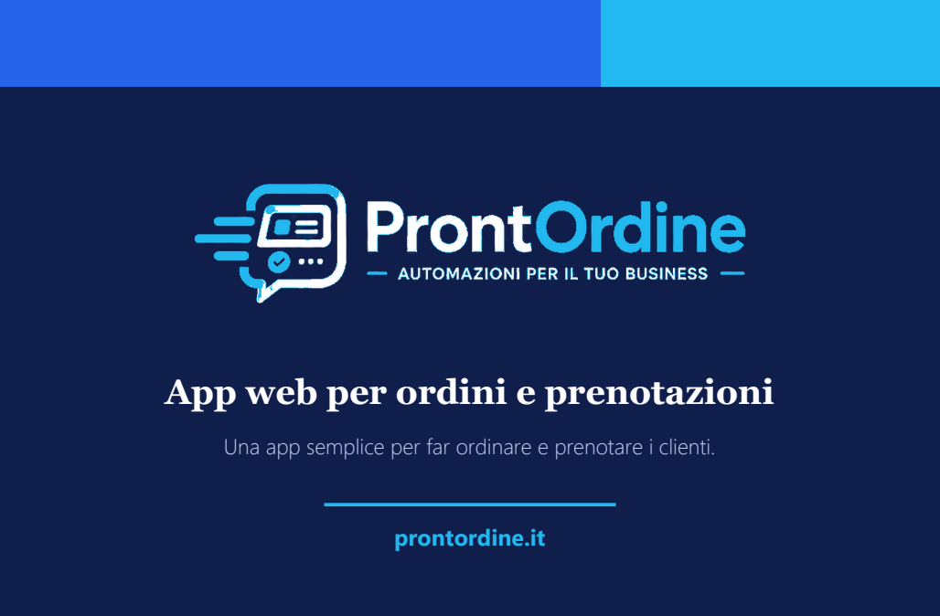 Fronte del biglietto da visita di ProntOrdine: logo su fondo blu scuro