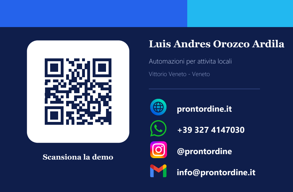 Retro del biglietto da visita di ProntOrdine: QR code e contatti